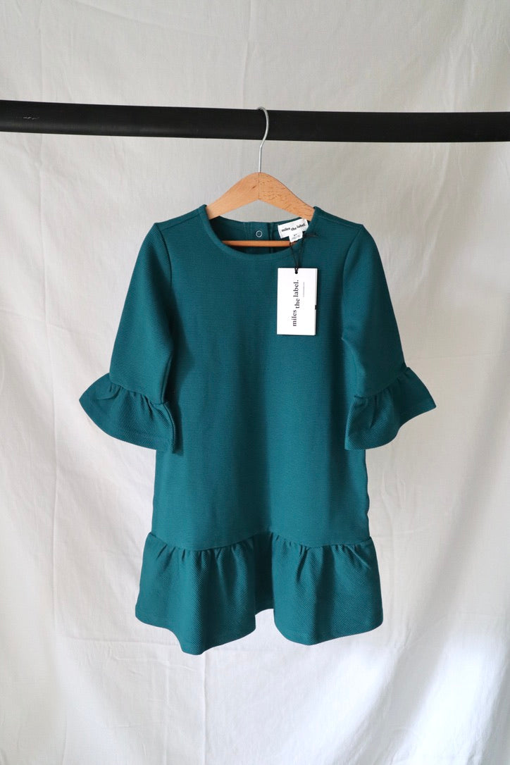 Miles the Label Organic Cotton Ribbed Ruffle Dress — Deep Teal — 5T — BNWT