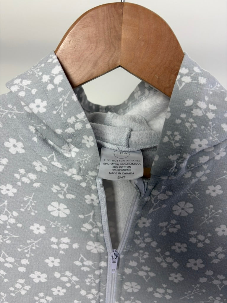 Tiny Button Apparel — Hooded Zip Romper — Soft Grey Floral — 3/4T