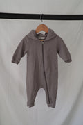 THE LALA Dino Hooded Romper — Stone Grey — XS (0–6M)