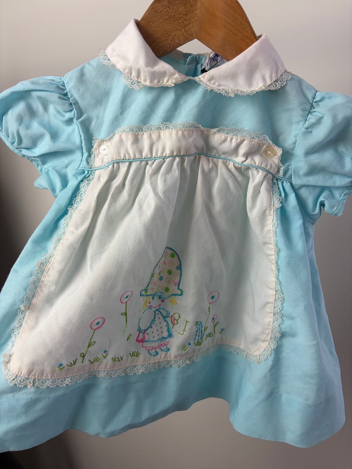 Vintage Embroidered Pinafore Dress — Powder Blue — 12–18M
