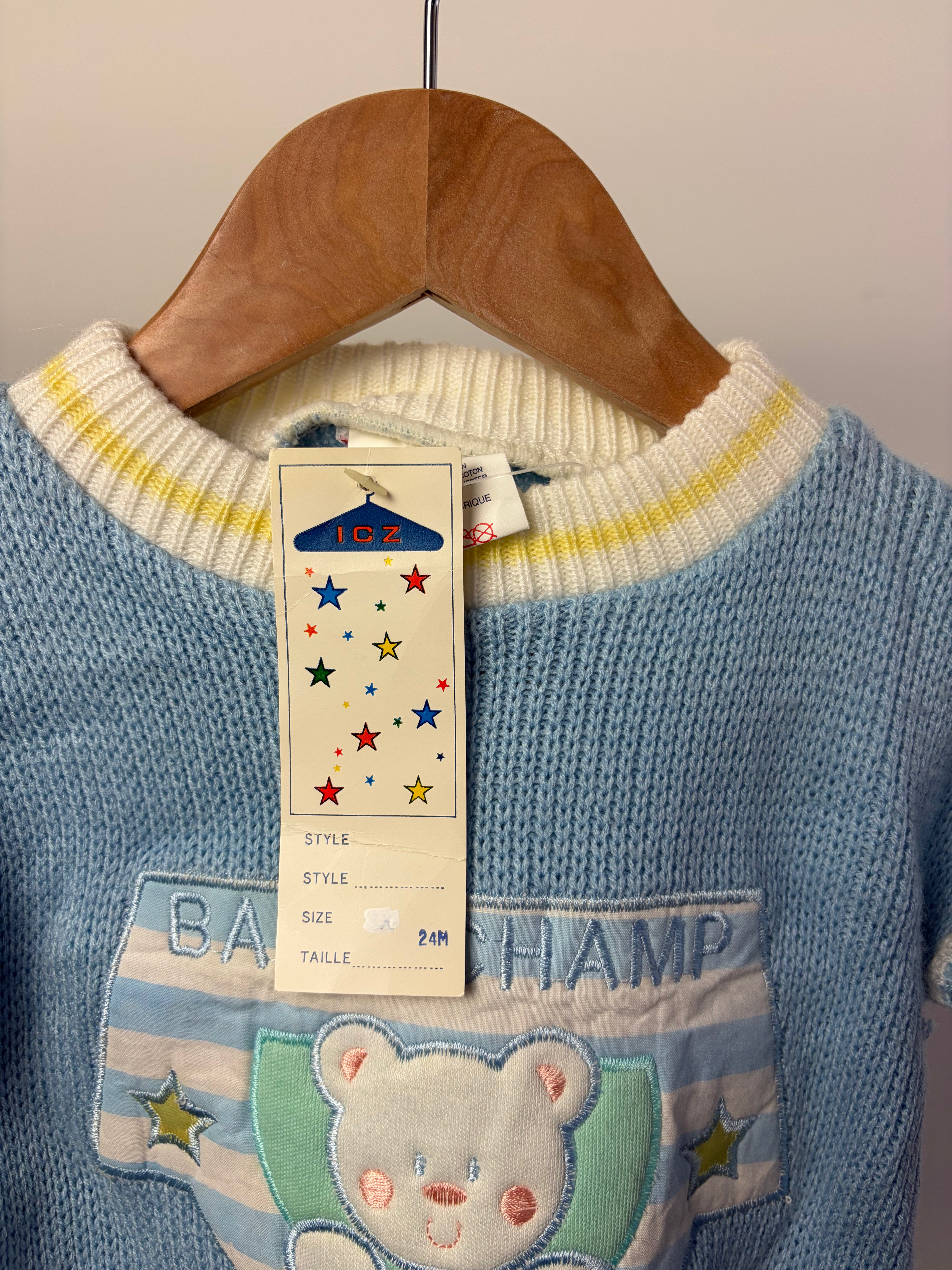 Vintage ICZ Baby Champ Bear Knit Sweater NWT — Sky Blue — 24M
