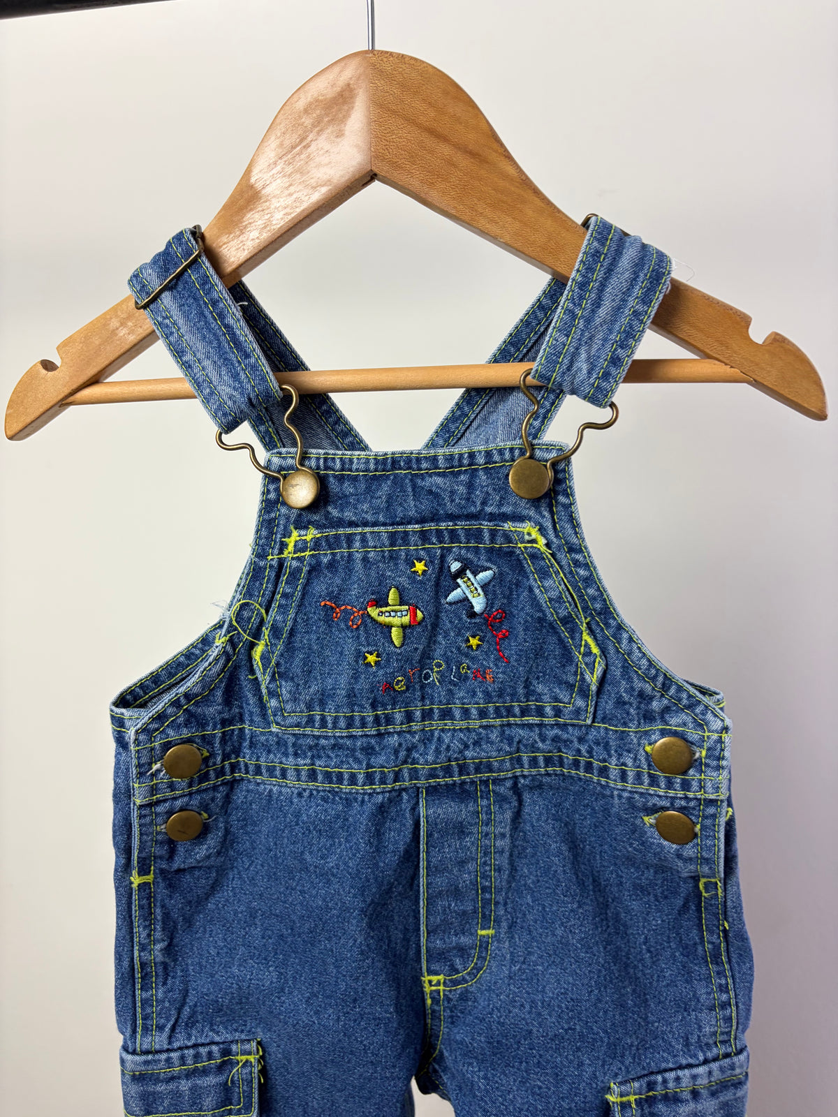 Vintage Airplane Denim Overalls — Medium Wash — 6–9M