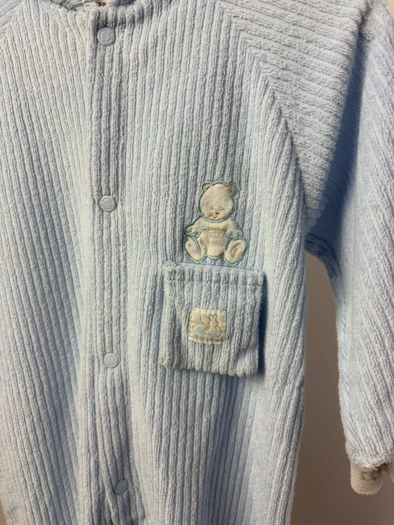 Vintage Small Stars Terry Cloth Teddy Bear Hooded Romper — Powder Blue — 6–9 Months