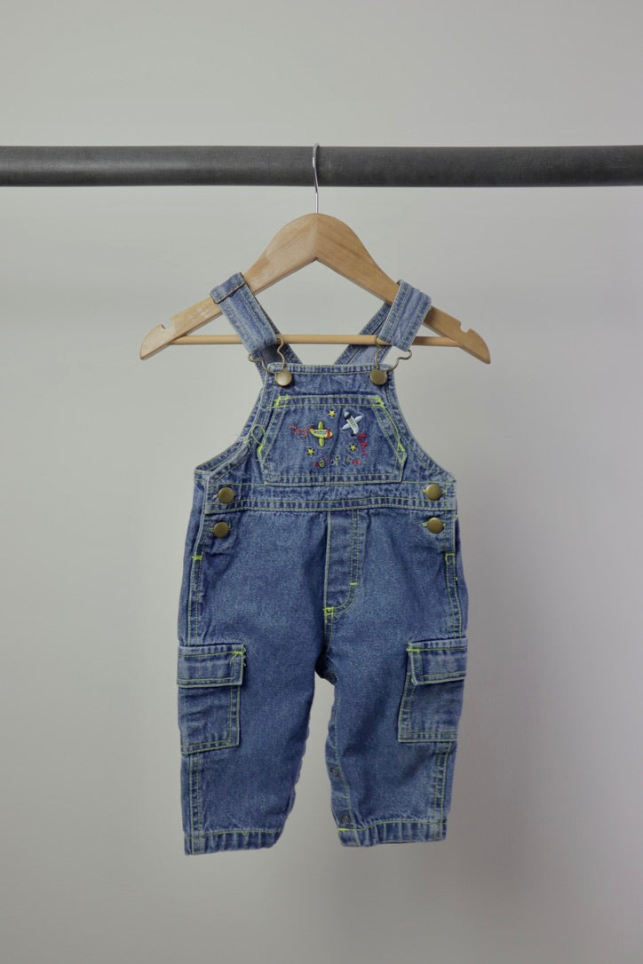 Vintage Airplane Denim Overalls — Medium Wash — 6–9M