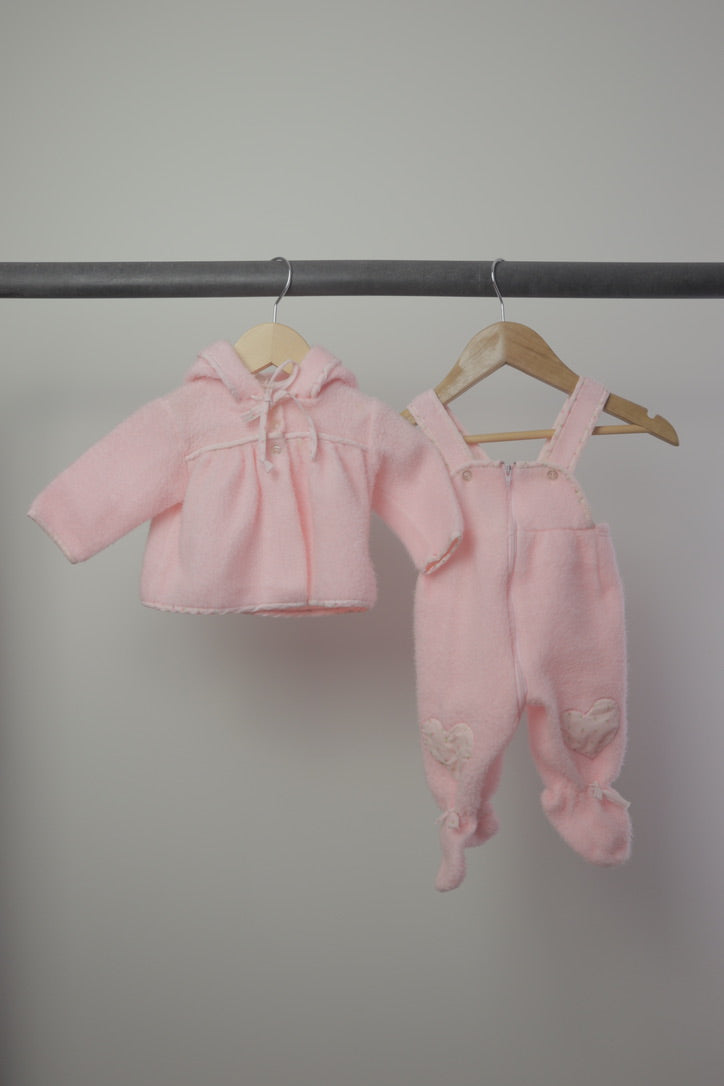 Vintage Pink Fleece Baby 2-Piece Set — Hooded Jacket & Footed Overalls — 0–3M