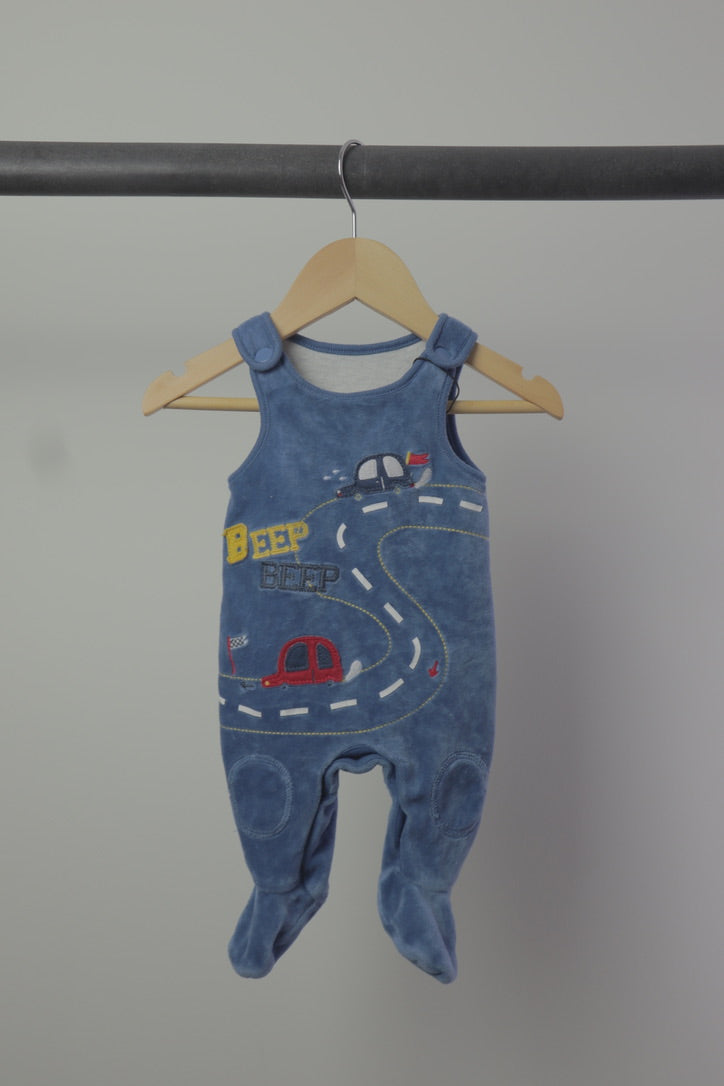 Vintage Mothercare Blue Velour Footed Dungarees — Beep Beep — Newborn