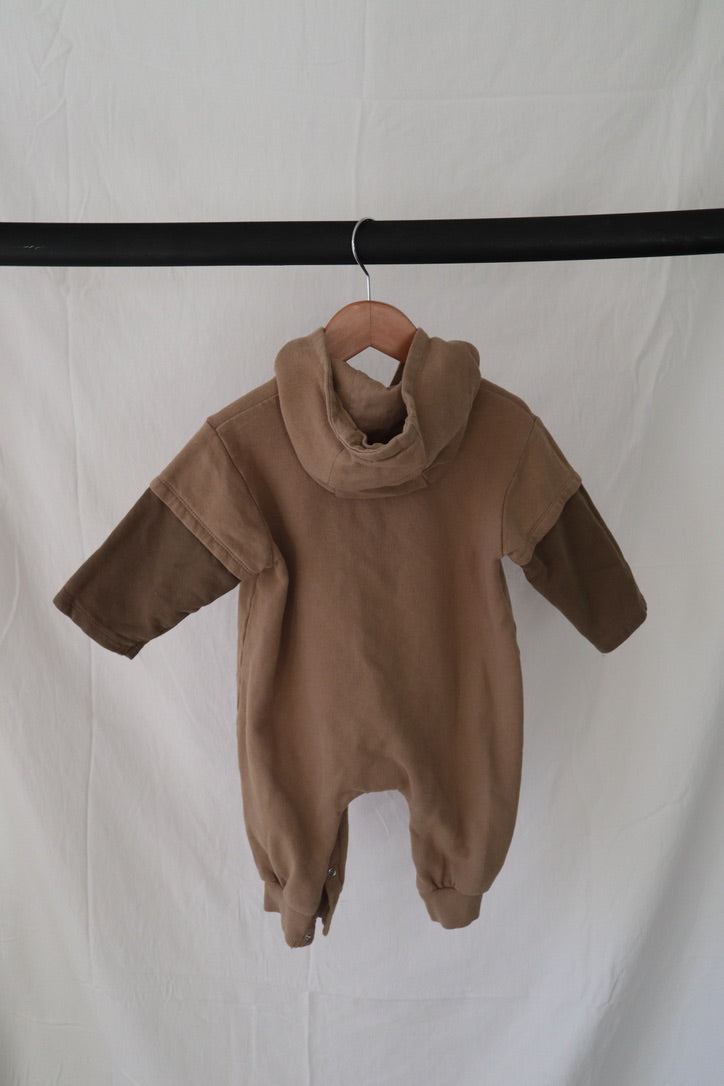 Next Baby Hooded Colour Block Romper — Taupe — 9–12M