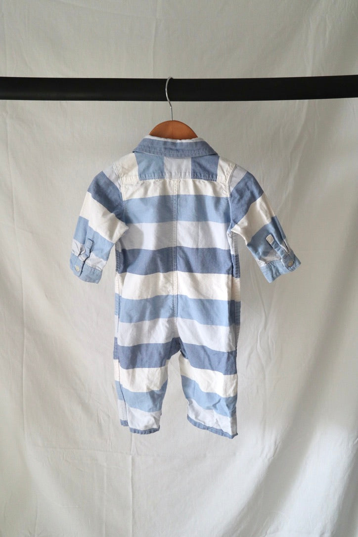 Baby Gap Rugby Stripe Collared Romper — Blue & White — 6–12M