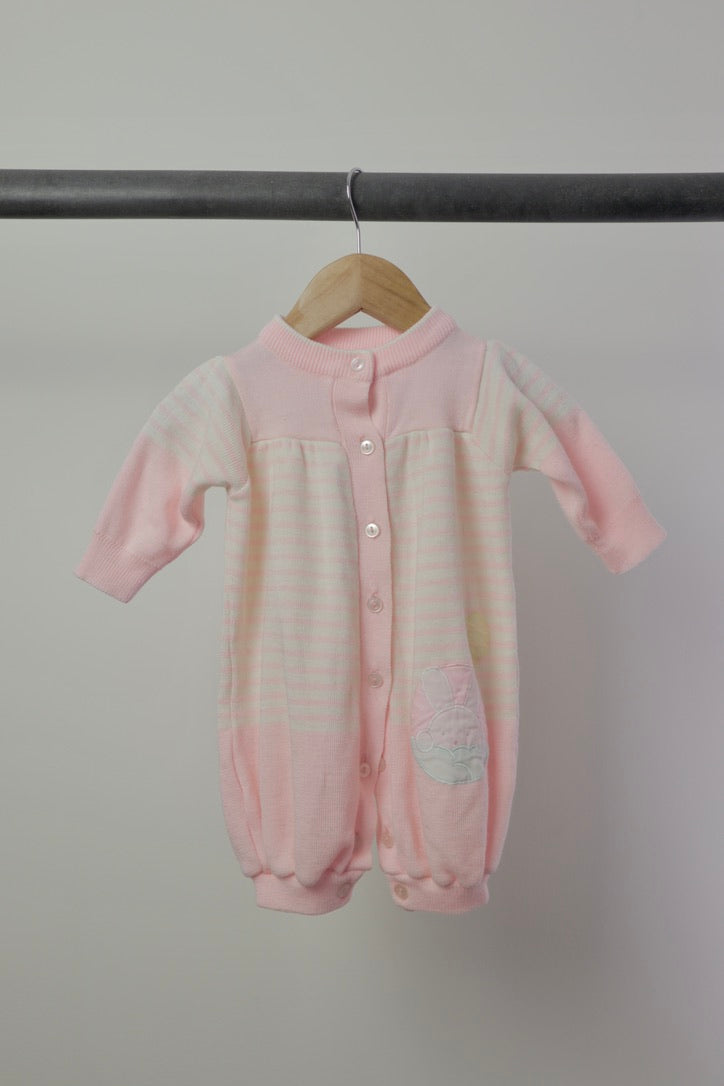 Vintage Small Stars Pink Bunny Knit Romper — 0–6M