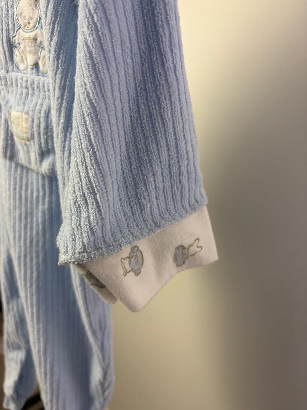 Vintage Small Stars Terry Cloth Teddy Bear Hooded Romper — Powder Blue — 6–9 Months
