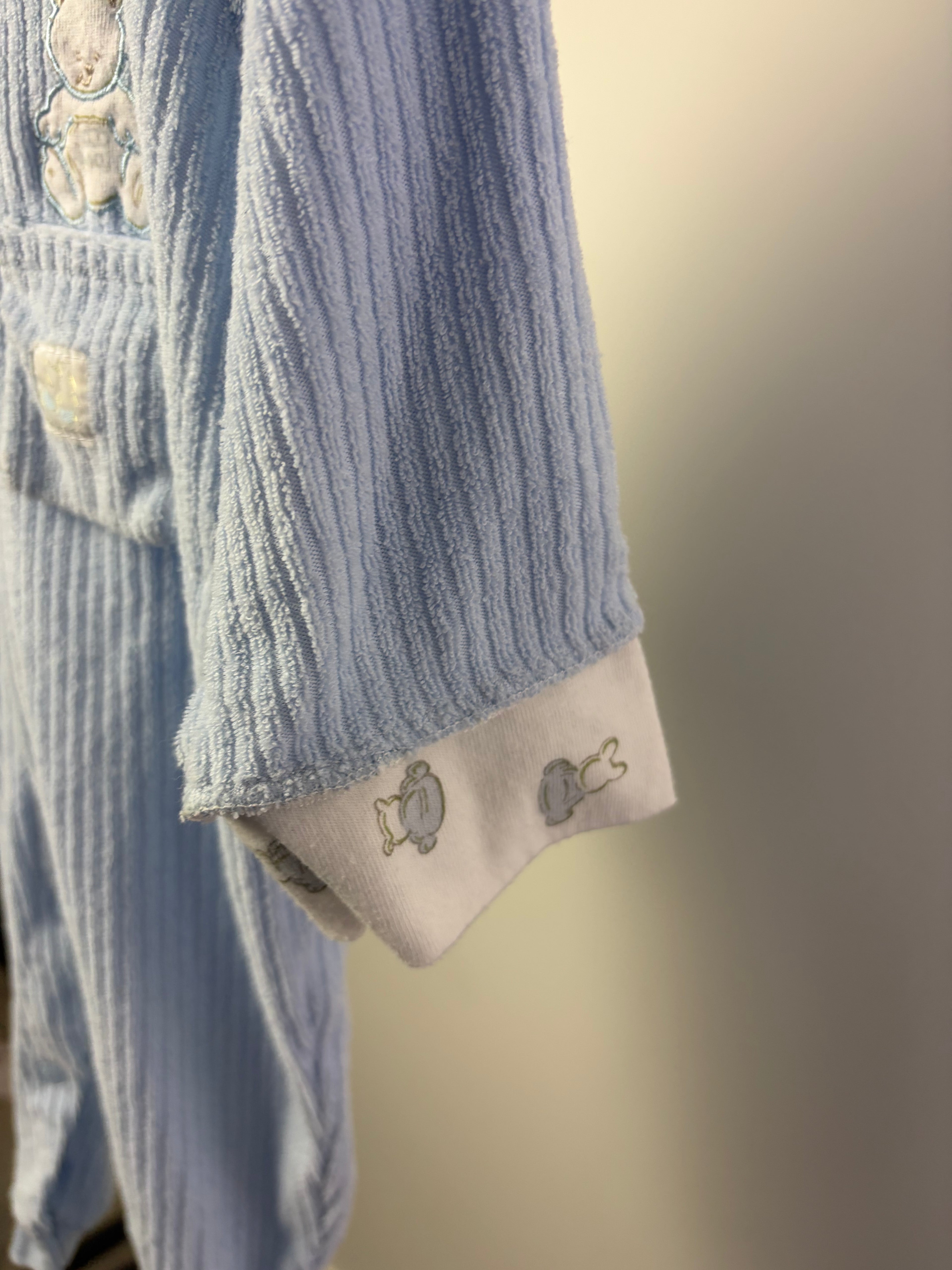 Vintage Small Stars Terry Cloth Teddy Bear Hooded Romper — Powder Blue — 6–9 Months