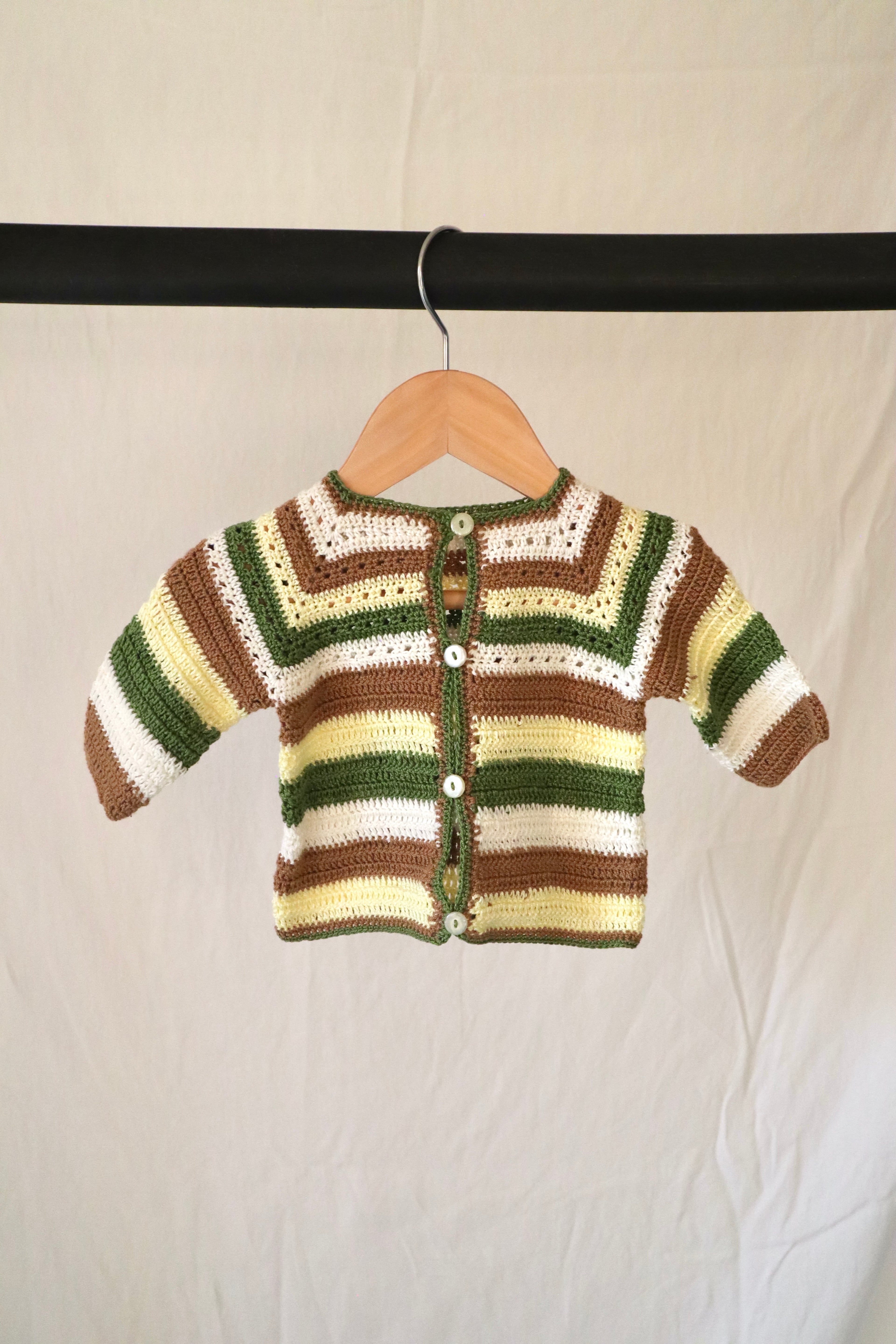 Handmade Vintage Striped Crochet Cardigan — 0–3M (Estimated)