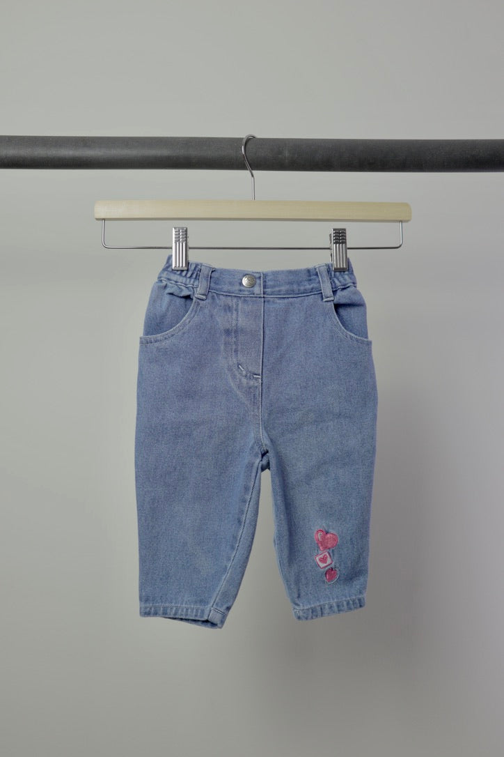 Vintage Teddy's Choice Heart Embroidered Jeans — Light Wash — 6–9M