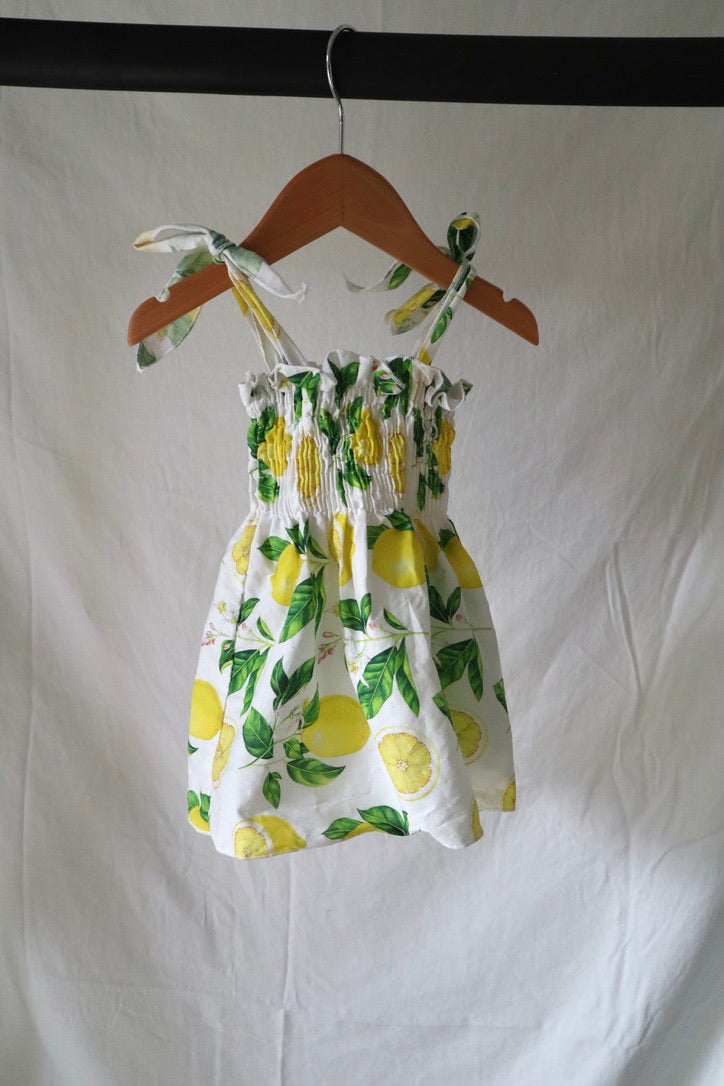 Italian-Made Lemon Print Smocked Tie-Strap Dress — 6–12M