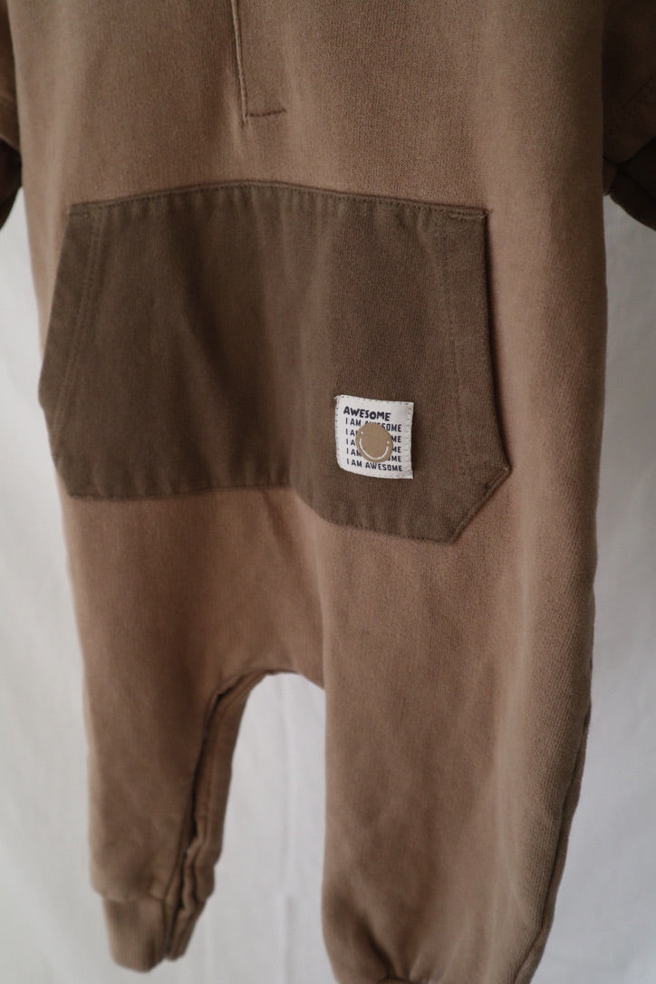 Next Baby Hooded Colour Block Romper — Taupe — 9–12M