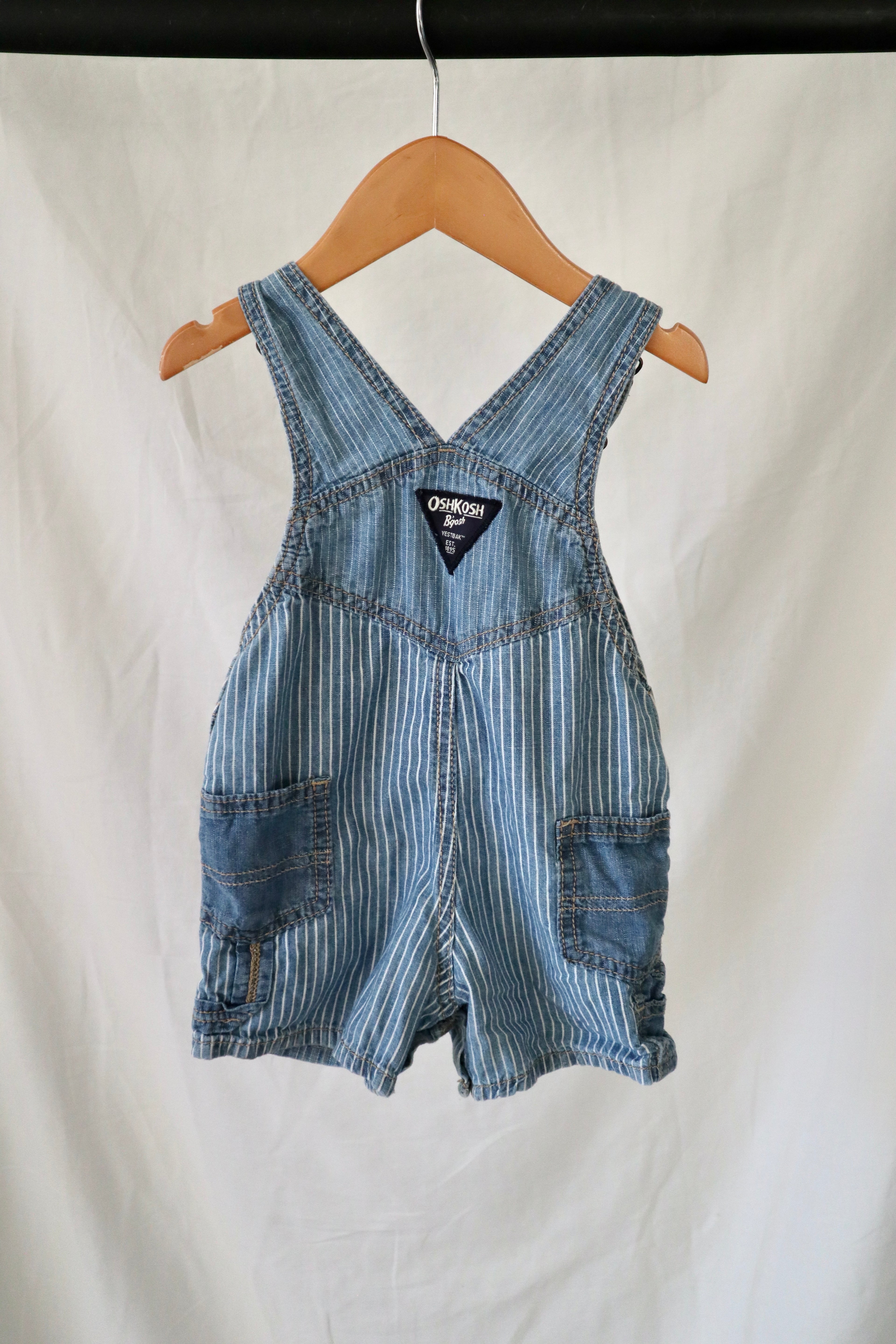 Vintage OshKosh B'gosh Hickory Stripe Short Overalls — 12 Months