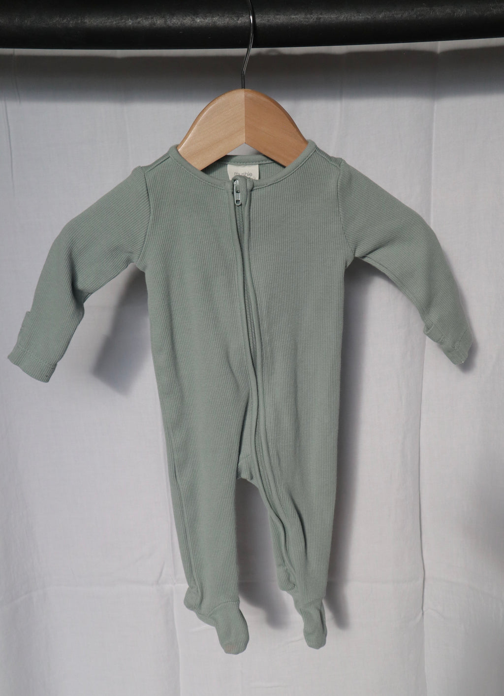 Mushie Sage Green Ribbed Organic Cotton Zippered Footed Sleeper – 0-3 Months