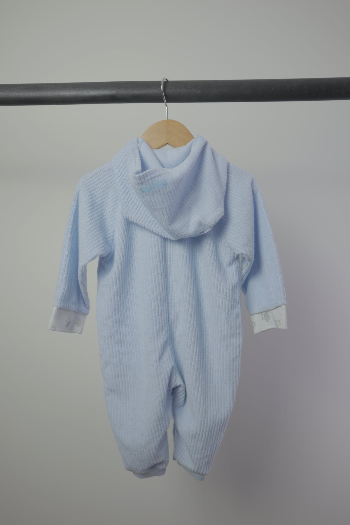 Vintage Small Stars Terry Cloth Teddy Bear Hooded Romper — Powder Blue — 6–9 Months