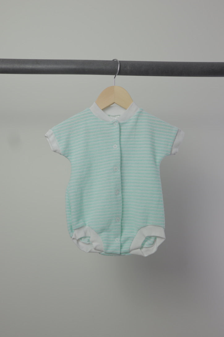 Vintage Mint Green Striped Terry Cloth Romper — Short Sleeve Snap Suit — 3–6M
