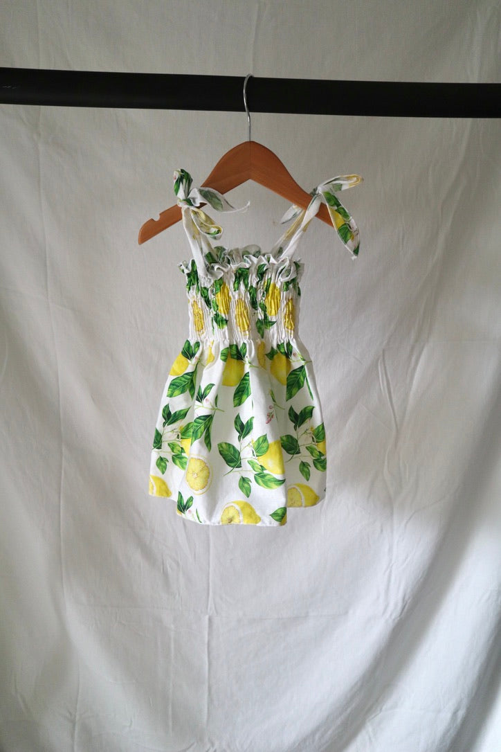 Italian-Made Lemon Print Smocked Tie-Strap Dress — 6–12M