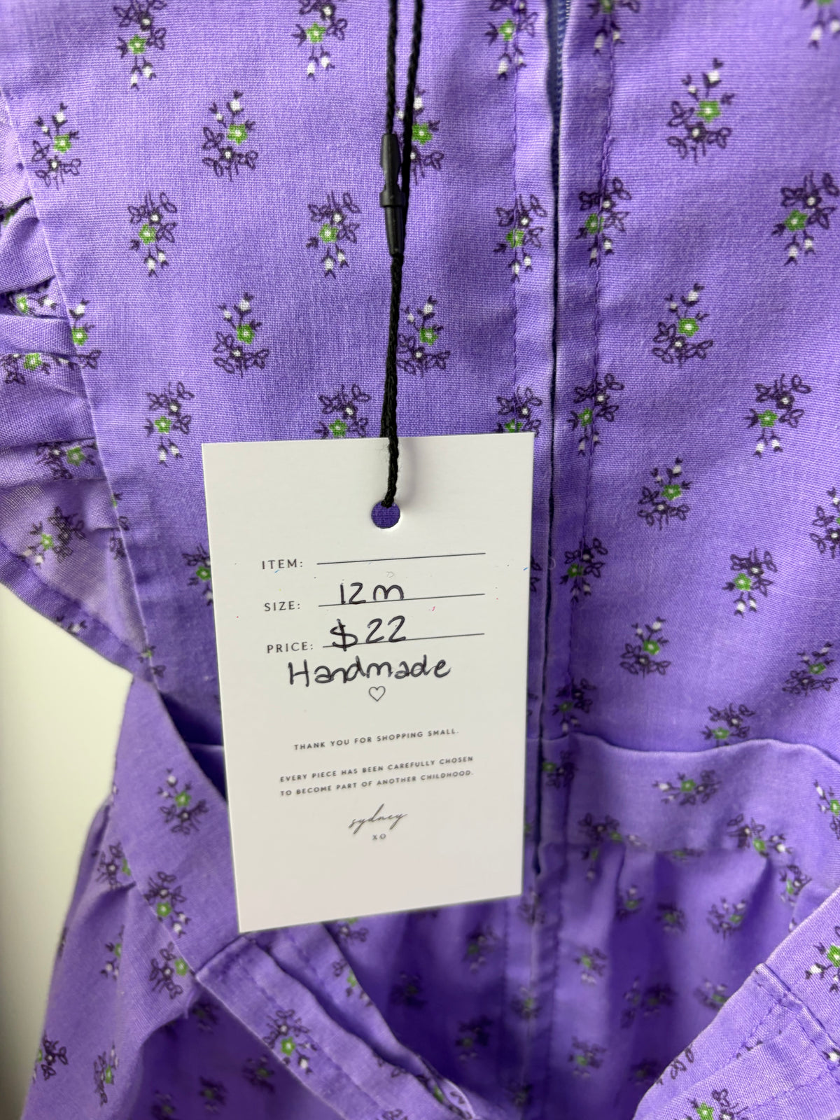 Vintage Handmade Purple Floral Flutter Sleeve Dress — 12M