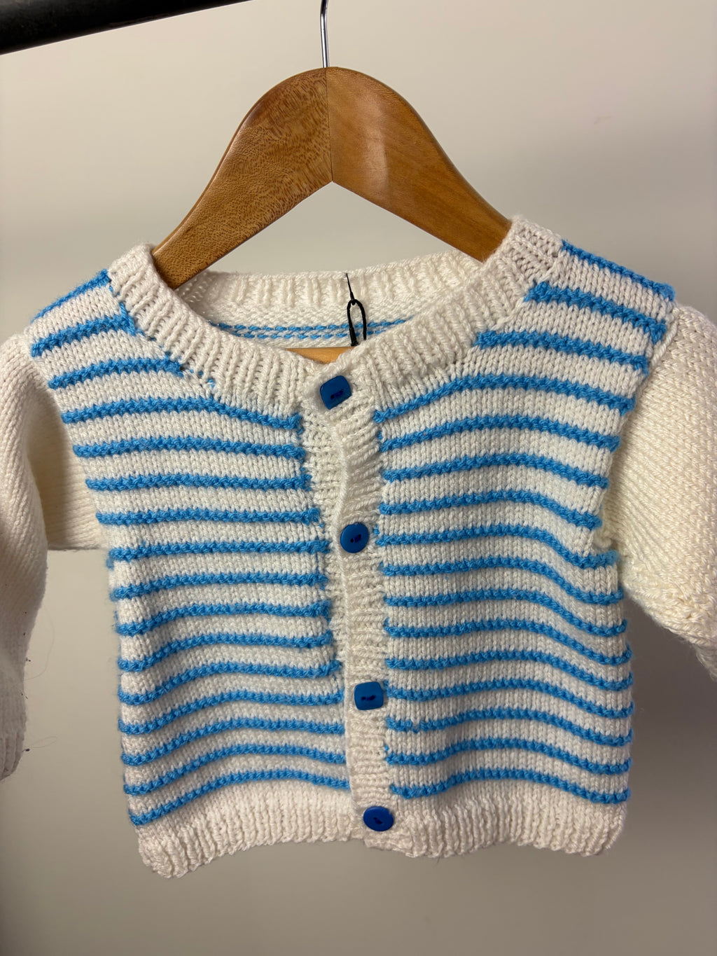 Handmade Blue Striped Knit Cardigan — 12–18M