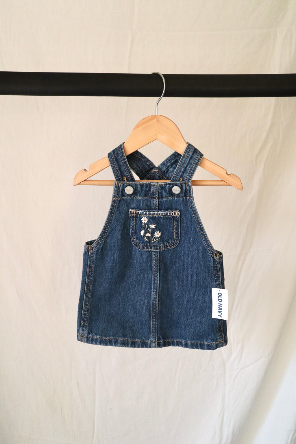 Old Navy — Embroidered Denim Pinafore Dress — NWT — 3–6M