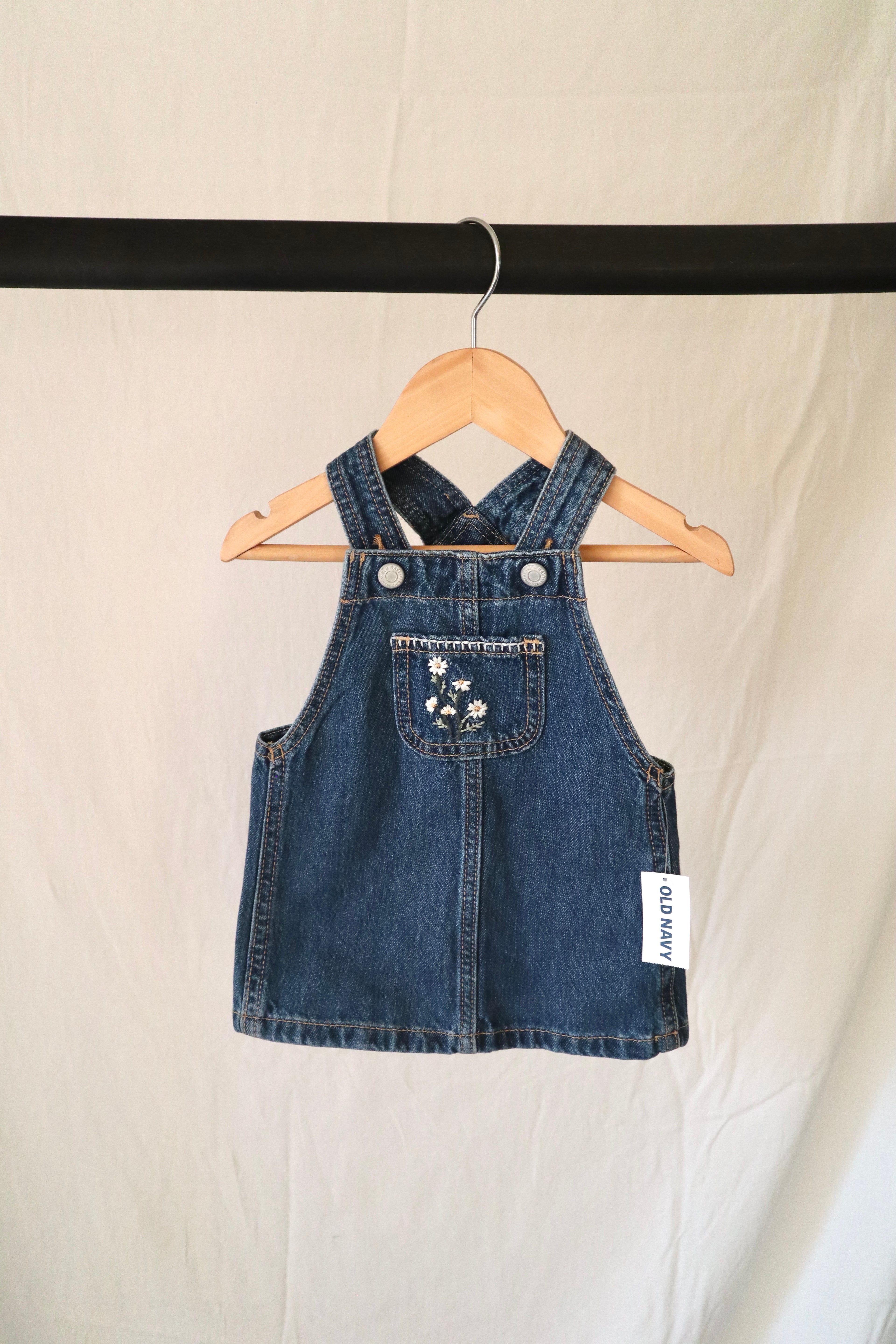 Old Navy — Embroidered Denim Pinafore Dress — NWT — 3–6M