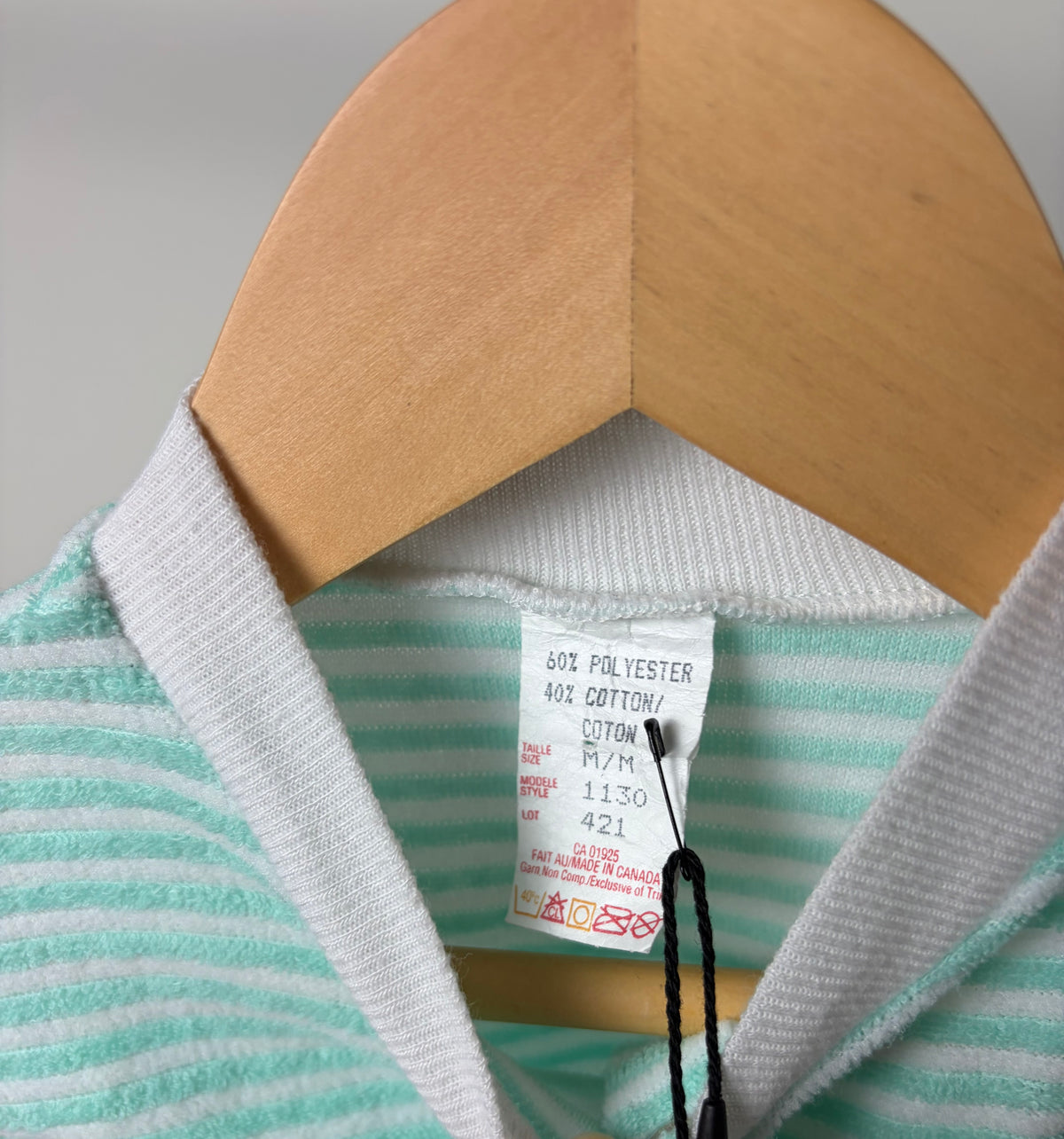 Vintage Mint Green Striped Terry Cloth Romper — Short Sleeve Snap Suit — 3–6M