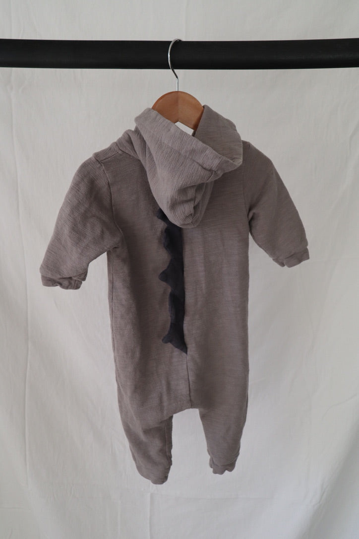 THE LALA Dino Hooded Romper — Stone Grey — XS (0–6M)