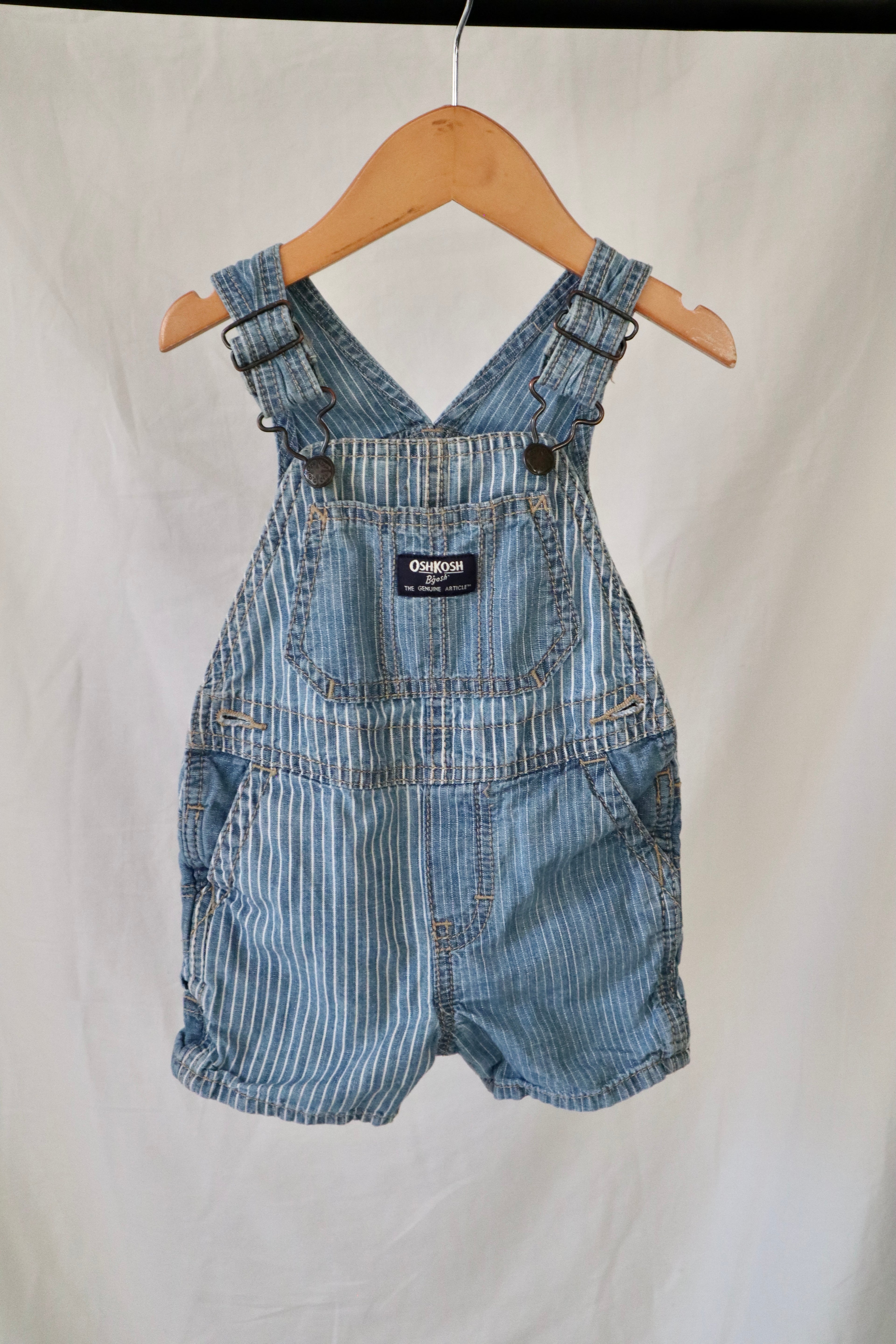 Vintage OshKosh B'gosh Hickory Stripe Short Overalls — 12 Months