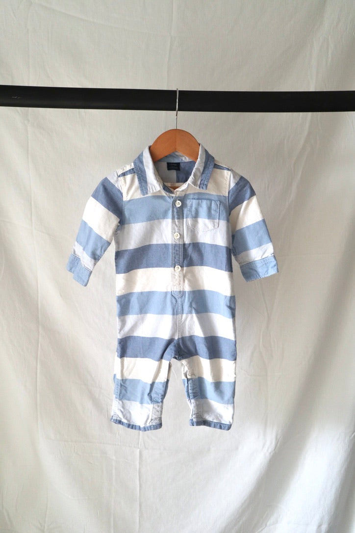 Baby Gap Rugby Stripe Collared Romper — Blue & White — 6–12M