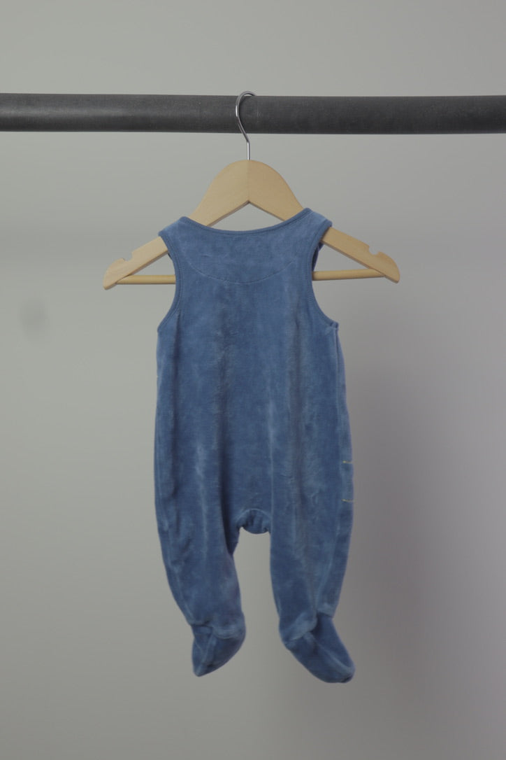 Vintage Mothercare Blue Velour Footed Dungarees — Beep Beep — Newborn
