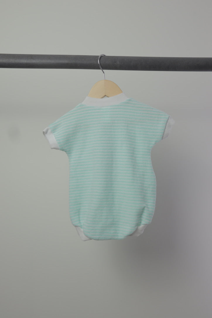 Vintage Mint Green Striped Terry Cloth Romper — Short Sleeve Snap Suit — 3–6M