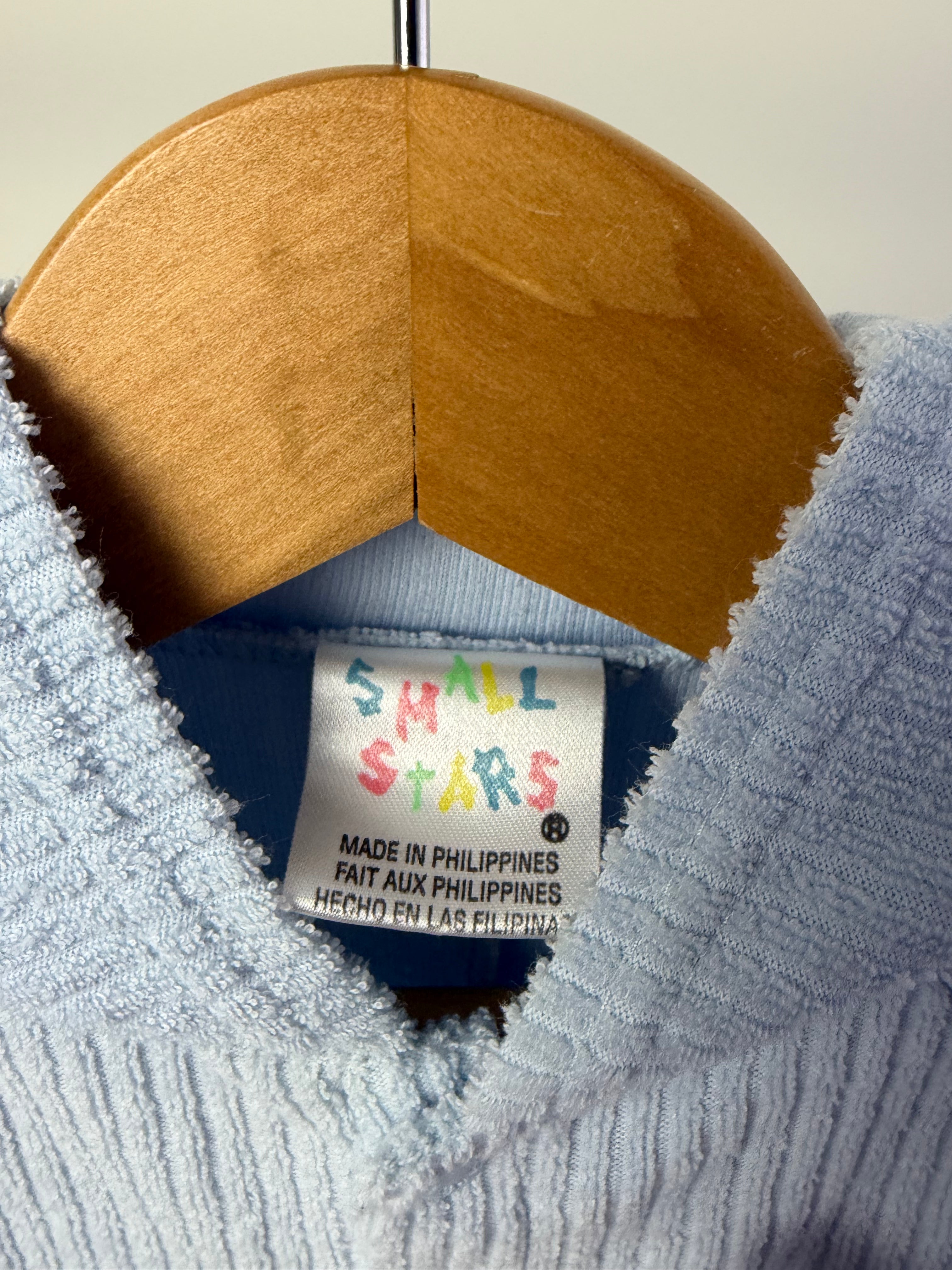Vintage Small Stars Terry Cloth Teddy Bear Hooded Romper — Powder Blue — 6–9 Months