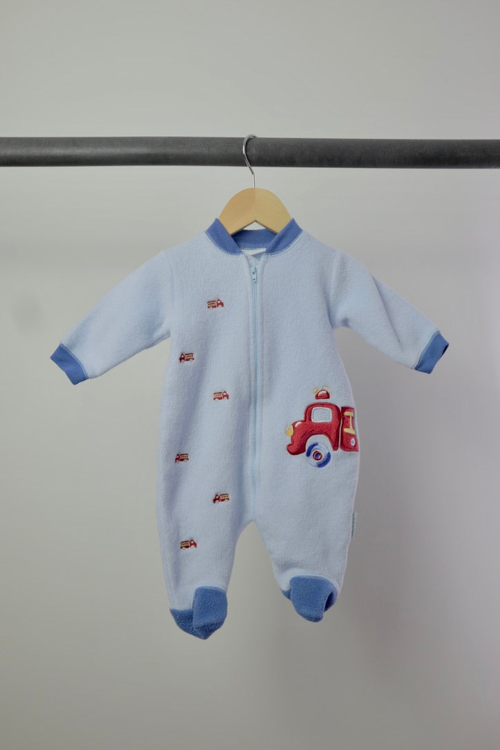 Vintage Little Me Light Blue Fire Truck Fleece Sleeper — 0–6M