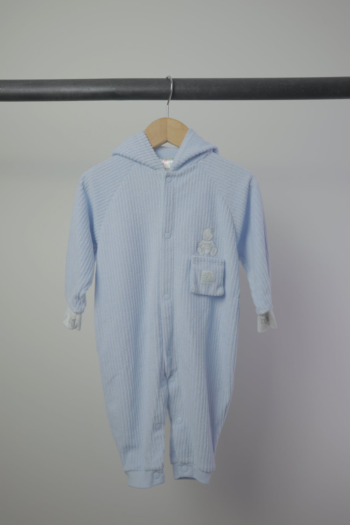 Vintage Small Stars Terry Cloth Teddy Bear Hooded Romper — Powder Blue — 6–9 Months